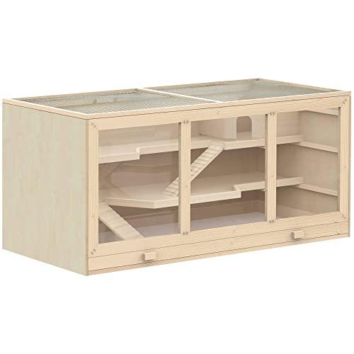 PawHut Gabbia per criceto a 2 livelli, Gabbia gerbilli con tetto apribile, finestre, capanna, habitat per piccoli roditori, 2 scale e vassoio scorrevole, 115 x 57 x 55 cm, effetto legno naturale