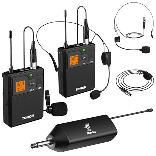 TONOR Microfono Wireless doppio UHF con Microfono archetto/Lavalier Microphone e Trasmettitore Bodypack e Mini Ricevitore Ricaricabile 1/4