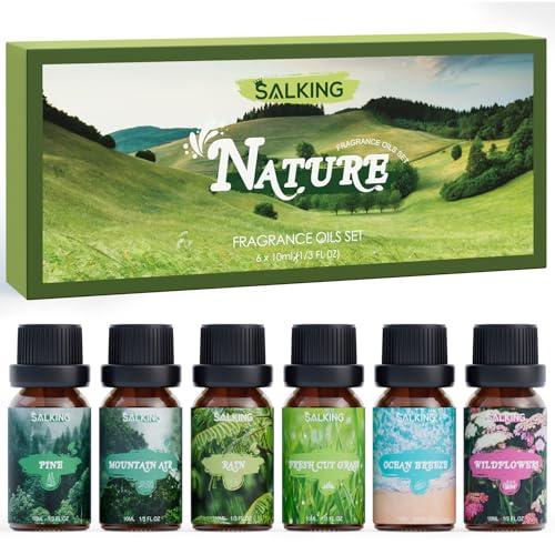 SALKING Oli Essenziali Natura per Diffusori 6x10ml, Set di Olio Essenziale Puri per Aromaterapia e Massaggi - Pino, brezza oceanica, pioggia, erba appena tagliata, fiori di campo, aria di montagna