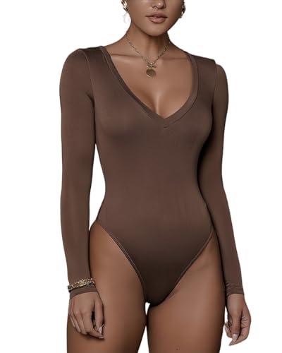 Rongseng Body Donna Maniche Lunghe Scollatura a V Bodysuit Sexy Body da Donna Manica Lunga Elegante Aderente Tops Morbida Basic T-Shirt Casuale Elasticizzato Tuta Jumpsuits