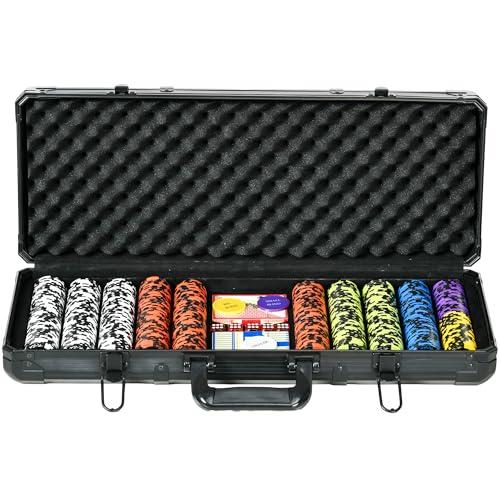 SPORTNOW Set Poker Completo con 500 Fiches, 2 Mazzi di Carte, 5 Dadi, Pulsanti e Valigetta Protettiva, Set da Poker in Alluminio, ABS, Plastica e Acrilico, Nero