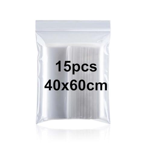 Sacchetti in Plastica Trasparente Richiudibili 40 * 60cm 15Pezzi Grandi Dimensioni Sacchetto Sigillato Borsa con Chiusura a Cerniera Applicano a Piumini, Coperte, Deposito di Vestiti