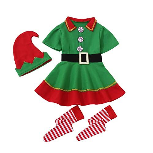 Generico Natale Set Famiglia Costumi Bambina Costume da Elfo Vestito Famiglia Bambini Ragazza Carnevale Gonna Cappelli Calzini Christmas Santa Costume per Natale St Patrick Day Carnevale e Cosplay