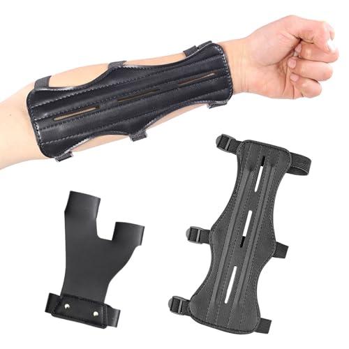 Fhioevt 2 Pezz Protezione Braccio per Tiro con L'Arco in Pelle Protezioni per Dita Tiro con L'Arco Ricurvo Guardia Avambraccio Tiro con Arco con Cinghie Regolabili per Giovani e Adulti (Nero)