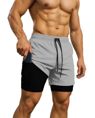 Pantaloncini da uomo, ad asciugatura rapida, pantaloncini da palestra con tasche con cerniera, Grigio chiaro, L