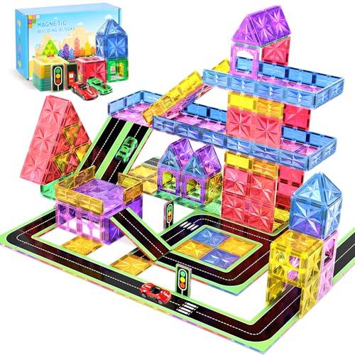 Perbabe 72 pezzi Costruzioni Magnetiche Giochi Bambini, Più forte Costruzioni per Bambini con Topper Stradali e Auto Tessere Magnetiche per Natale, Compleanno Regalo Bambino 3 4 5 6 7 8 anni