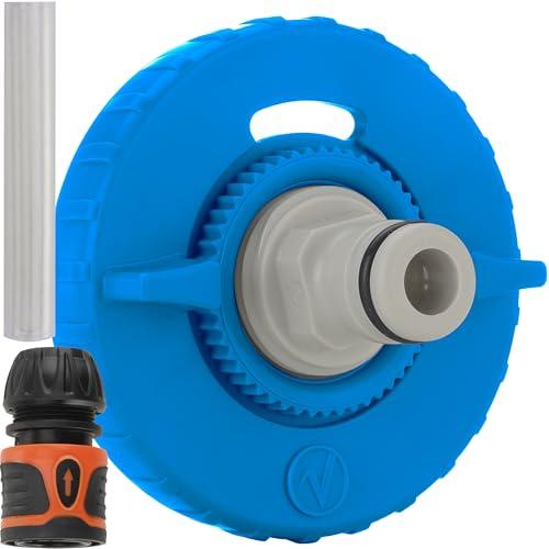 valuents® tappo per serbatoio dell' acqua – 3 perni diametro 78 mm – blu – per camper con tubo per il bocchettone dell'acqua +Plus: adattatore per tubo dell'acqua