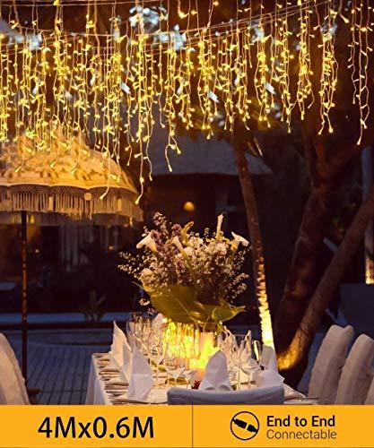 Quntis Tenda Luminosa Esterno 144 Led, 4x0,6M Prolungabile Luci Cascata Natale, Tenda Luci Natale Esterno con 8 Modalità Impermeabile per Balcone, Tetto, Finestra, Giardino - Bianco Caldo