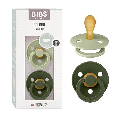 BIBS Colour Symmetrical, Set di 2 ciucci, succhietto senza BPA, Tettarella simmetrica. Lattice di gomma naturale, Prodotto in Danimarca/UE. Misura 2 (6-18 mesi), Sage/Hunter Green