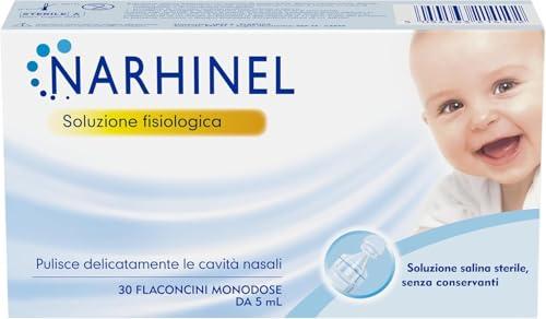 Narhinel Soluzione Fisiologica per Lavaggi Nasali, Soluzione Salina Isotonica, Detersione Delicata in Caso di Naso Chiuso, Pacco da 30 Flaconcini Monodose da 5 ml