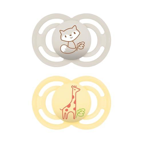 MAM Perfect Confezione Doppia Succhietto 6+ Mesi (Set da 2), Ciuccio MAM 6-16 mesi in silicone per un sano sviluppo orale, Kit da 2 accessori neonato con porta ciuccio sterilizzatore, Neutro/Giallo