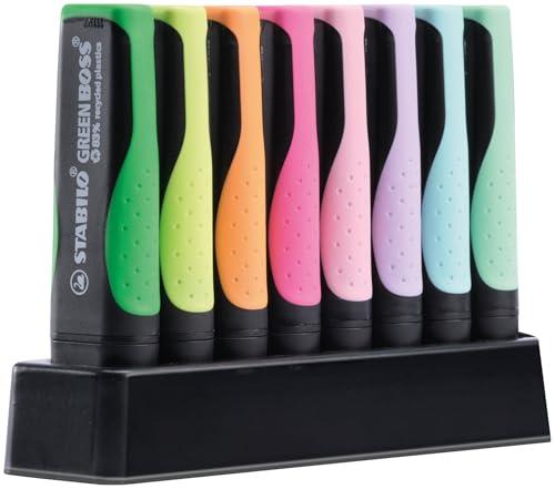 STABILO GREEN BOSS Pastel - Evidenziatore Ecosostenibile - Desk-Set da 8 - Colori assortiti 4 NEON + 4 Pastel