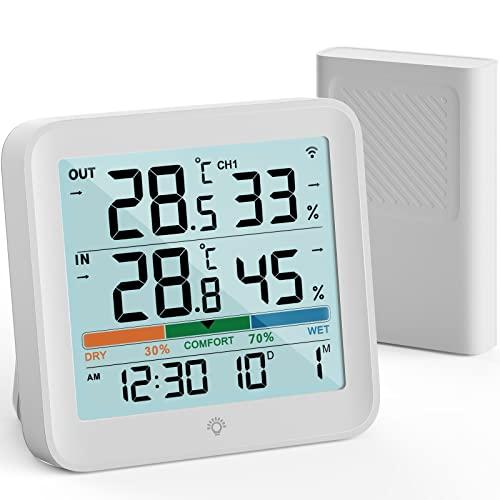 VOCOO Termometro Igrometro Wireless Digitale per Interno Esterno,Monitor di umidità Misuratore di Temperatura e Umidità con 1 Sensori Remoti,Retroilluminazione, Icona Comfort Tendenza