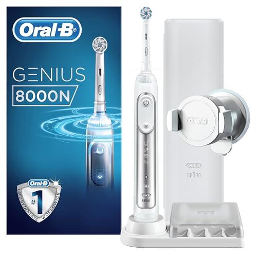 Oral-B Genius 8000N Spazzolino Elettrico Ricaricabile con 1 Manico Argento Connesso, 1 Testina di Ricambio, 1 Custodia da Viaggio Premium e 5 Modalità, Sbiancante e Denti Sensibili