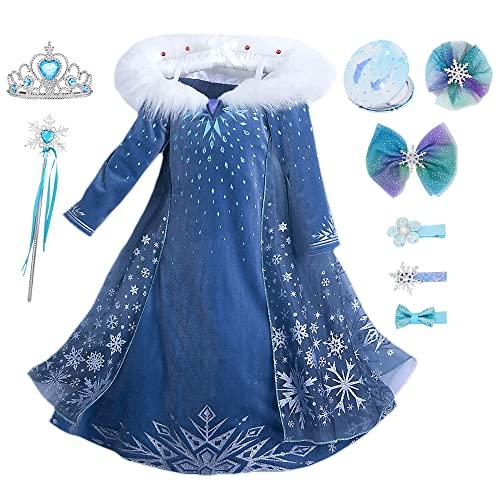 YOSICIL vestito elsa frozen bambina Costume da principessa Elsa con mantello vestito lungo Abito da festa costume principessa Cerimonia Halloween Natale 3-9 anni,blu 130