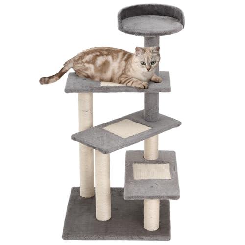 PawHut Albero Tiragraffi per Gatti Alto 100 cm, Tiragraffi per Gatti con Lettino Rotondo, Pali in Sisal e Rivestimento in Peluche, Grigio