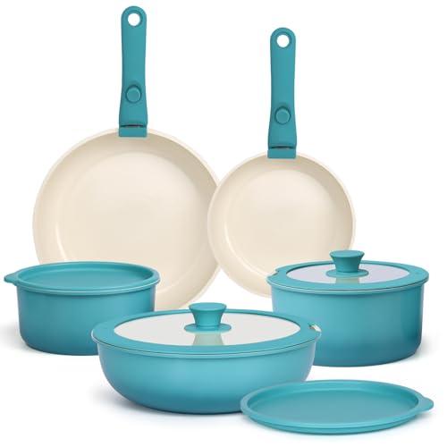 GiPP 11 Pezzi Set Di Padelle Con Rivestimento Ceramico Antiaderente, Set Di Padelle Con Manici Staccabili, Atossiche Compatibili Con Induzione, Forno E Lavastoviglie, Blu Gradiente
