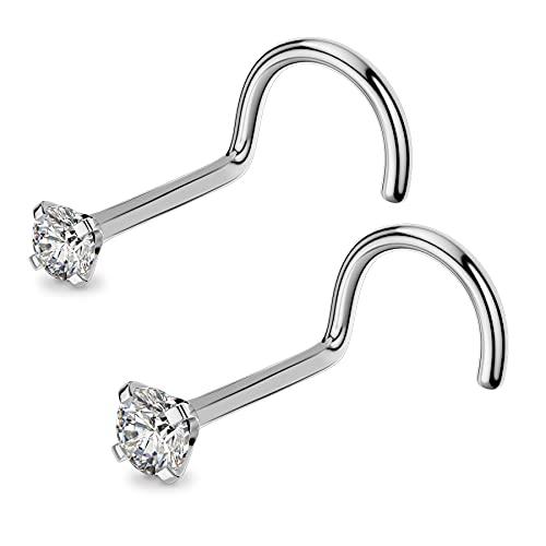 OUFER Piercing da Naso in Titanio Massiccio, 20G Piercing Naso Titanio Anello Nostril Orecchino Brillantino Anelli Studs S Curvato Piercing a Gioielli Donna 2mm 3mm CZ Round Nose Ring Screw Jewelry