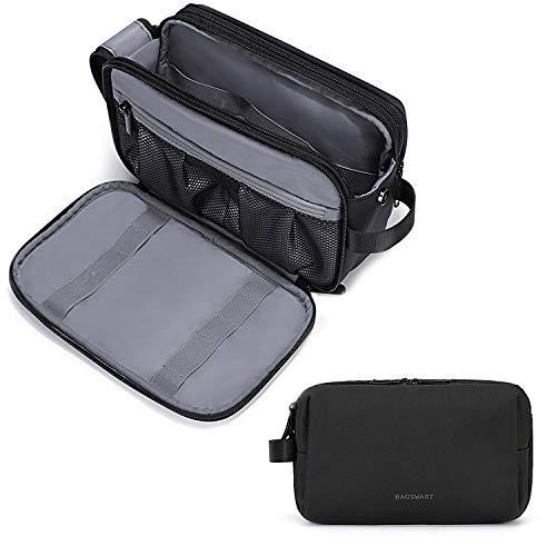 BAGSMART Beauty Case da Viaggio Uomo Donna, Borsa da Toilette con Doppia Apertura A Cerniera, Borsa per Cosmetici, 5 L, Pellicola in Pelle Nera