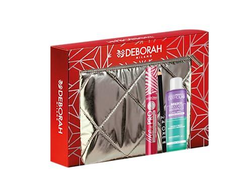 Deborah Milano - Set Regalo Donna Pochette Occhi, Include Mascara Like a PRO, Matita Occhi 24 Ore 251 Black e Struccante occhi Bifasico Dermolab 50ml, N.04