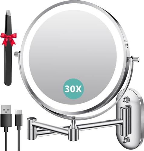 Auxmir Specchio Trucco con Ingrandimento 30X/1X, Specchio da Parete a 54 LED 3 Colori di Luce, Specchio Estensibile, Rotazione a 360°, Alimentato da Batterie Ricaricabile 3200mAh, per Bagno Hotel Spa