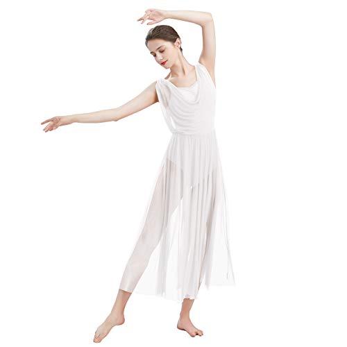 Donne Lirico Vestito da Ballo di Balletto Senza Maniche Body da Ginnastica Senza Schienale con Gonna in Tulle a Fette Costume da Danza Moderno Contemporaneo Bianco M