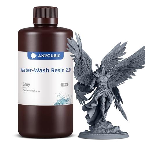 ANYCUBIC Resina Lavabile in Acqua 2.0, Alta Resilienza, Anti-Ingiallimento, Basso Odore per Tutte le Stampante 3D LCD Resina, Grigio 1000g