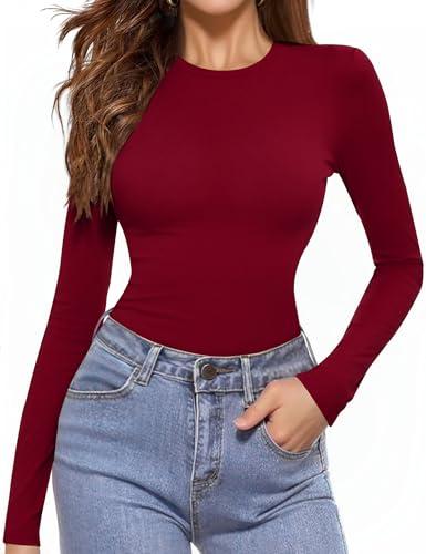 Aottori Maglietta Donna Maniche Lunghe Scollo Rotondo Basic Maglia Slim Fit Elasticizzata Tinta Unita Top Sottogiacca Casual Quotidiana Rosso Vino M