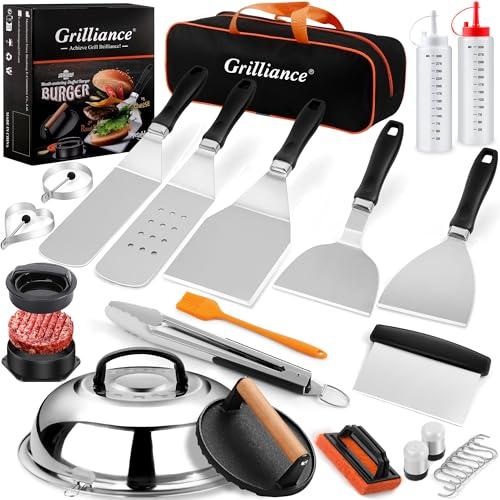 Grilliance 27PCS Griglia Set di Spatola Plancha Accessori per Uomini, Kit Utensili Barbecue Teppanyaki Acciaio Inox, Professionale Hibachi Smasher Burger set Regalo con Hamburger Pressa, Patty Maker
