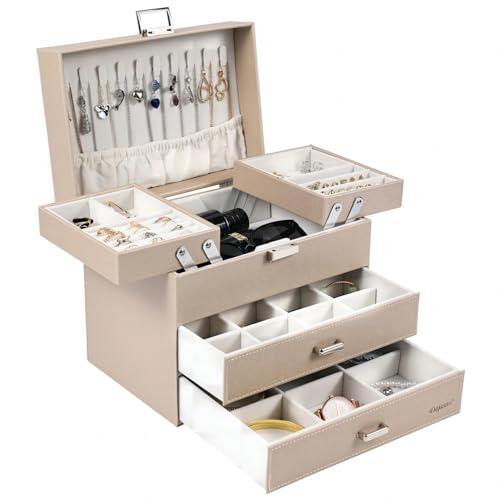 Dajasan Portagioie Donna da Camera a Quattro Strati con Due Cassetti, Porta Gioielli da Comodino e Organizer Gioielli Elegante e Pratico per San Valentino, Natale e Festa della Mamma