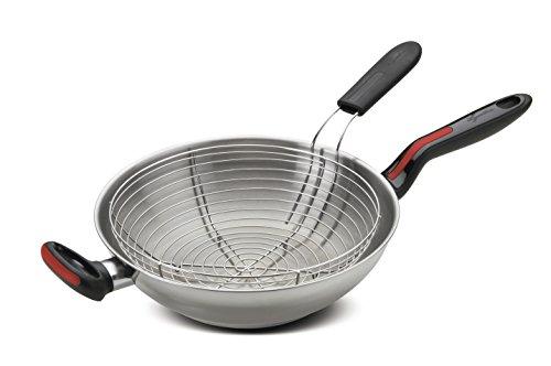 Lagostina Linea Rossa Wok in Acciaio Inox 18/10 con Cestello per Friggere e per Cottura a Vapore, Ø 28 cm, Pentola Induzione, Gas e Forno fino a 175 °C, Manicature in Silicone Antiscivolo
