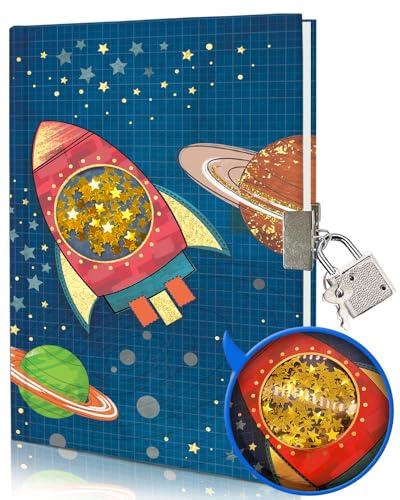 Diario Segreto Bambina con Lucchetto, 80 Fogli a Righe da 17,8x13,5cm Paillettes Shakable Quaderno per bambino per la Scrittura Scolastica Navicella Spaziale Regalo per Ragazzi di età 6 7 8 9 10 Anni