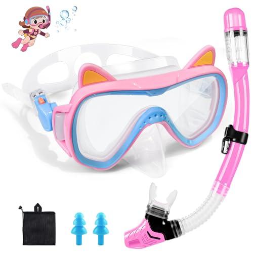 Zikenis Occhialini da sub per bambini,4-16 anni muta da snorkeling per bambini,180° panoramici HD con tubo di respirazione asciutto,occhialini da nuoto etro temperato,per Immersioni e Nuoto (Rosa)