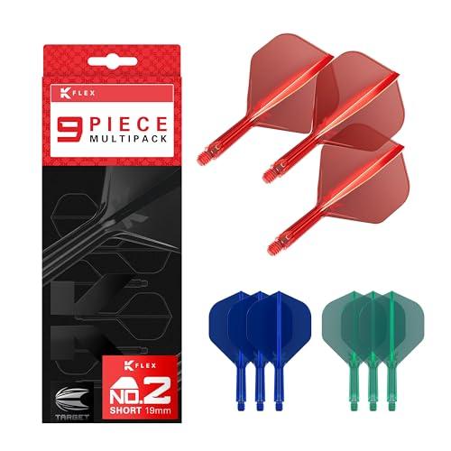 Target Darts K-Flex Integrated Dart Flights And Shafts, Stelo Corto (19 mm), No.2 Flight, Confezione da 9 Pezzi, Rosso, Blu e Verde