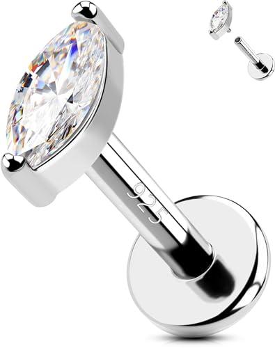 OUFER 16G 8 mm Piercing Orecchio Helix Argent 925 Cartilage Earring Internally Threaded Lip Piercing Marquise Tragus Stud Trasparente CZ Orecchino Conch