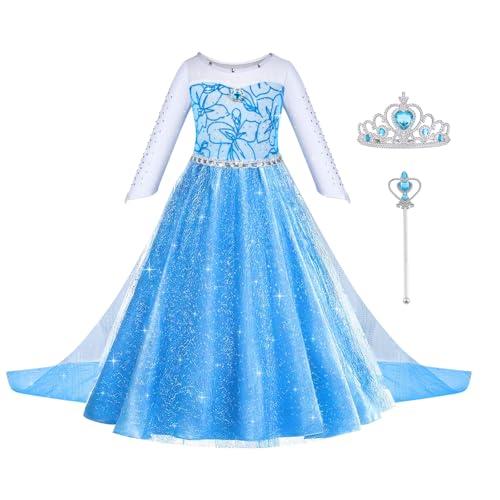 ACWOO Vestito Set, Costume Congelamento Bambina Principessa con Corona Bacchetta, Vestito Bambina Principessa per la Halloween Cosplay Party Compleanno Vestito Fantasia