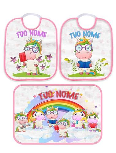 set Asilo personalizzato con nome del bambino/a (Set 2 Bavette Bavaglino Asilo + Asciugamano personalizzabile con nome Unicorno Arcobaleno Bordo Rosa)