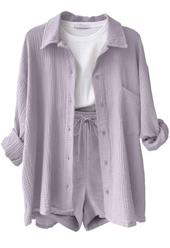 Yutdeng Completo Donna 2 Pezzi Camicia a Maniche Lunghe e Pantaloncini con Coulisse e Tasche Elegante Completo Estivo Tuta da Casa Casual Completo Sportivo in Lino Tuta da Ginnastica,Viola Chiaro,XL