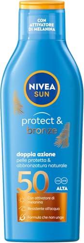 NIVEA SUN Latte Solare Protect & Bronze FP 50 200 ml, Crema solare 50 per un'abbronzatura dorata, intensa e uniforme, Protezione solare 50 con attivatore di melanina