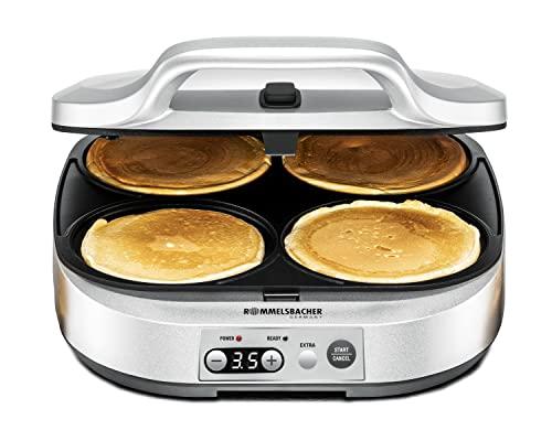 ROMMELSBACHER Pancake Maker PC 1800, 4 piastre da 13,5 cm di diametro, rivestimento antiaderente, timer da 15 minuti, spegnimento automatico, 1800 Watt, colore: argento