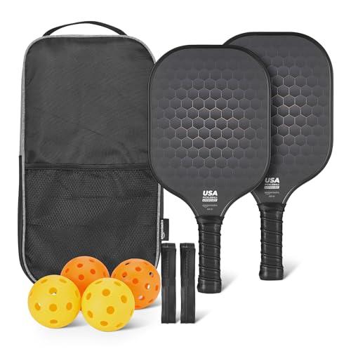 Amazon Basics Set di 2 Racchette da Pickleball Approvate USAPA con Telaio in Vetro, 4 Palline e 2 Impugnature, Nero Stealth