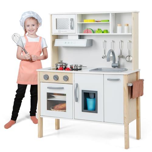 RELAX4LIFE Cucina Giocattolo per Bambini, Gioco Cucina in Legno con Microonde, Forno, Rubinetto, Lavello e 18 PCS Accessori, Mini Cucina per Bambini 3 4 5 6 Anni (Bianco)