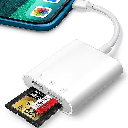 Lettore di schede SD per iPhone iPad, Oliveria Trail Game Camera 2 in 1 con doppio slot per Micro SD/SD, adattatore per scheda di memoria fotografica, ricarica simultanea, Plug and Play