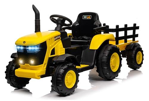Trattore Elettrico per Bambini 12V con Rimorchio 2 Marce Soft Start 2 Motori 35W Luci Clacson MP3 USB Telecomando Giallo