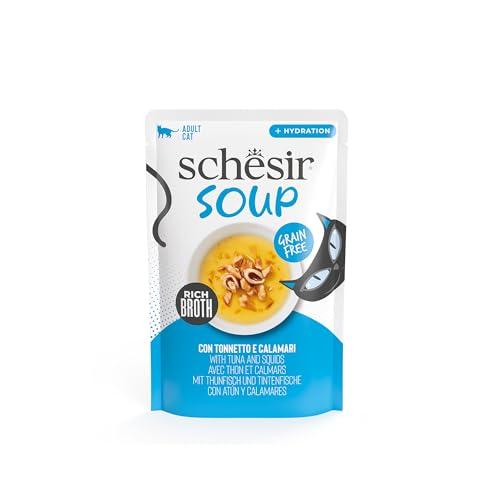 Schesir, Zuppa con Filetti di Tonno e Calamari, Cibo Umido Complementare per Gatti, Ricetta Originale, 100% Naturale, 12 buste da 40g