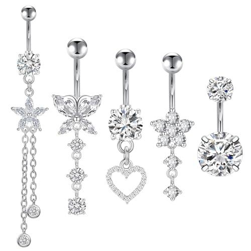 5PCS Piercing Ombelico G23 Titanio Piercing Ombelico Anello 14G CZ ombelico Barra Pierce Pancia Bar Lungo Ombelico Barbell Ventre Anello Pierce Gioielli for Donna Uomo 5/8/10mm (Argento)