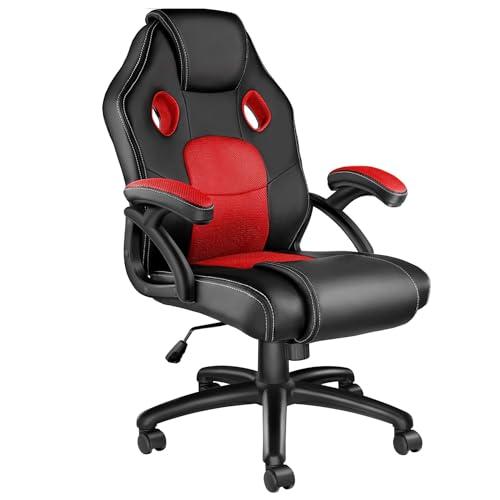TecTake® Sedia da Ufficio Ergonomica, Sedia Scrivania con Rotazione 360°, Imbottitura Confortevole, Rivestimento Similpelle, Poltrona Gaming con Altezza Regolabile, 5 Rotelle Doppie - Nero/Rosso