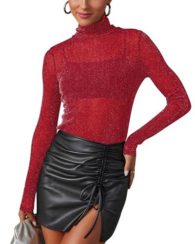Donna Top in Maglia Trasparente con Glitter T-shirt Trasparente Manica Lunga Sexy Top, rosso, S