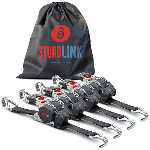 Cinghia di Ancoraggio con Cricchetto Automatiche 3 m 25mm LC 300daN/600daN | Cinghie a Crichetto con Avvolgitore Automatico | Set di 4 Pezzi Nero per Carrello Trasporto Moto Quad | EN12195-2 Sturdlink