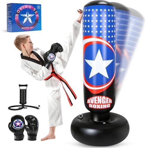 YasinKidz Sacco da Boxe per Bambini, 168cm Pungiball Bambini con Guanti da Boxe e Pompa, Regalo per ragazzi e ragazze dai 3-14 anni, per praticare karate, taekwondo, MMA（Nero）
